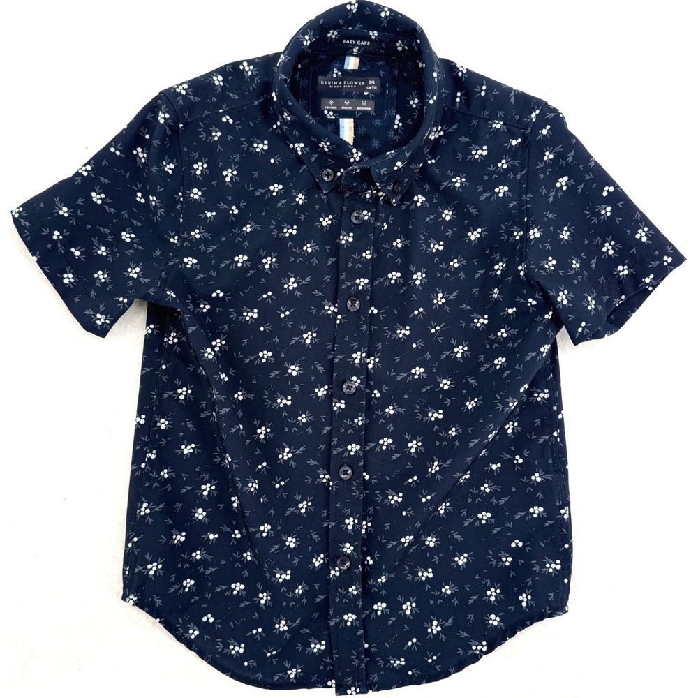 Denim & Flower Kids Navy Blue Floral Short Sleeve Button Down Shirt Size 5/6